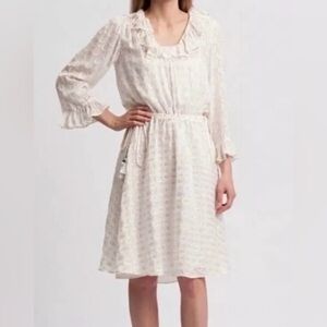 Tory Burch Jasmine Metallic Ruffle Dress 2 Piece with Slip size 2 Ivory & Gold